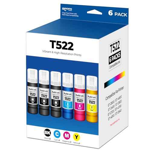 522 Ink Refill Bottles Replacement for ET-2800 ET-2400 ET-4800 ET-2803 522 Ink Bottles for Eco tank ET2800 ET2400 ET4800 ET2803 ET-2720 ET-4700 ET-4810 ET-2840 2800 2400 4800 2803 2720 Printer 6 Pack