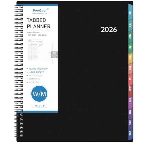2026 Planner ? Planner 2026 Weekly and Monthly, 9" x 11", Large, Jan 2026 ? Dec 2026, 12 Monthly Tabs, Strong Twin-Wire Binding, Inner Pocket, Hardcover, Black