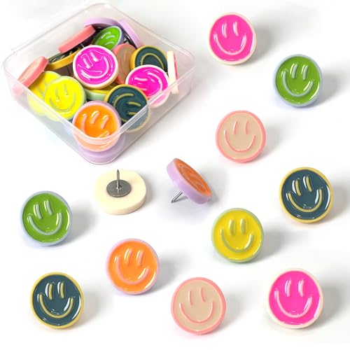 KEYDUACU 24 Colour Smileys Push Pins - Decorative Bulletin Board Thumbtacks (Colourful) 24 pack