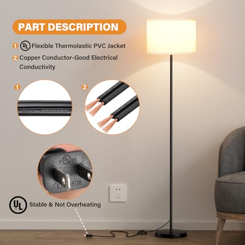 Ambimall Modern Floor Lamp with White Shade & Foot Pedal Switch, 60 Inches, Black Pole, No Bulb