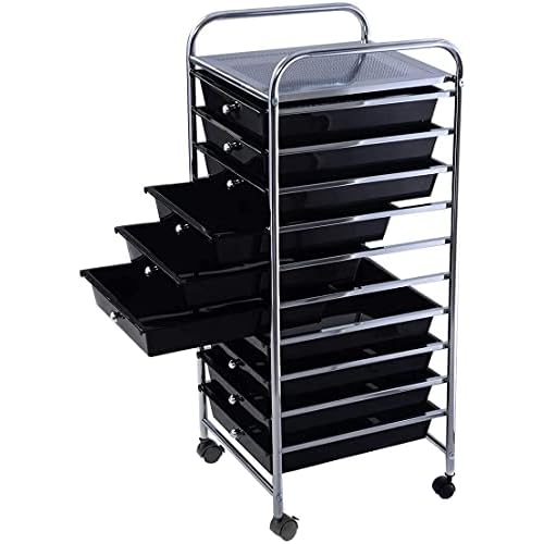 10 Drawer Storage Cart, Tools Scrapbook Paper Arrangement Mobile Drawer Cart Organizer, Space Saving Cart with 4 Wheels and Inter Locker System, Suitable for Cosmetics, File (BK)