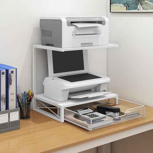 ELITEROO Printer Stand for Desk with Storage Drawer, 2 Tier Desktop or Under Desk Shelf, Wood Desk Organizer for Home Office, Fits 3D Printer, Scanner, Fax Machine, Cricut, White