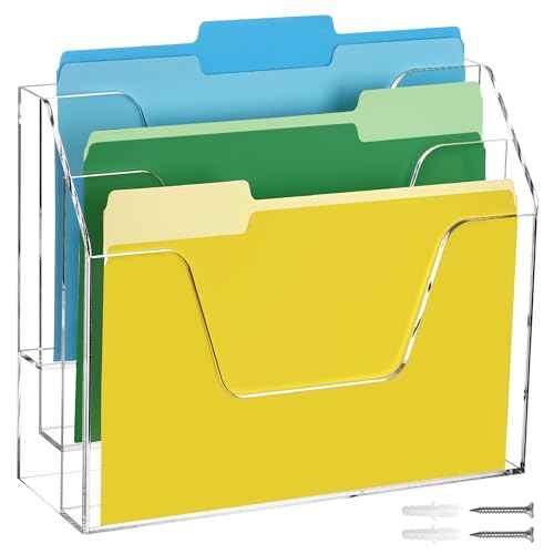 DINGHUO Acrylic Hanging Wall File Folder Organizer for Desk, Clear 3 Tier Document Paper Magazine Holder for Home, Office Organization, School - 1 Pack