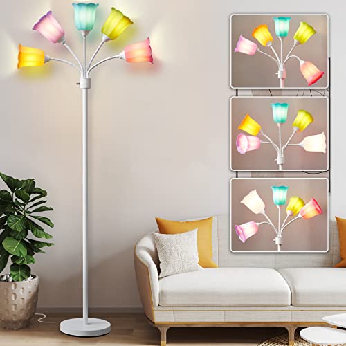 GyroVu Medusa LED Floor Lamp with 6 Color Tulip Shades, Adjustable Gooseneck, Tall Modern Standing Lamp for Living Room Bedroom Kids Room Office - White, Lampshades Included