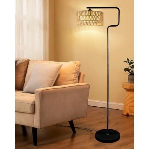 Lightdot 62IN Arc Rattan Floor Lamps for Living Room, Boho Standing Lamp with Rattan& Linen Double Lampshades, E26 3000K Soft Warm White Bohemian Caged Floor Lamp for Bedroom, Office-Black