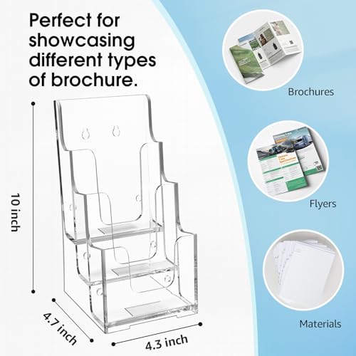 MaxGear Acrylic Brochure Holder, 4 Inch Wide 3 Tier Literature Display Stand, Clear Premium Acrylic Pamphlet Holder, Multi Pocket Wall Mount or Countertop Organizer, Office or Home Use, 2 Pack