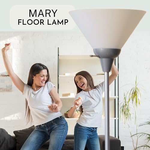 LIGHTACCENTS Mary Torchiere Floor Lamp ? Silver Standing Lamp with White Shade and Rotary Switch, Modern Pole Light for Living Room, Bedroom, Office, or Dorm ? Slim Minimalist Design