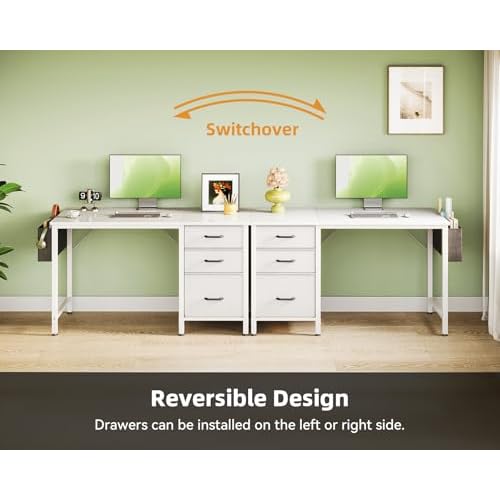 Casaottima 40 Inch Small Home Office Computer Desk for Bedroom with Fabric Drawers & File Cabinet, Cloth Storage Bag and Hook, Writing Study Work Desk for Small Space, Snow White