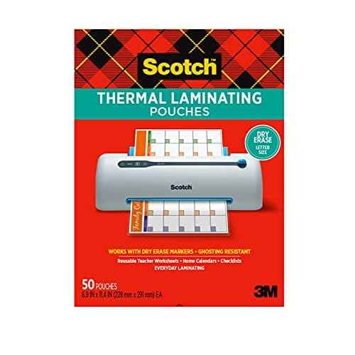 Scotch Dry Erase Thermal Laminating Pouches, 50-Pack, Works with Dry Erase Markers, Reuseable Worksheets, Calendars, Checklists, 8.9 x 11.4 Inches, Letter Size, Clear Professional Finish (TP3854-50DE)