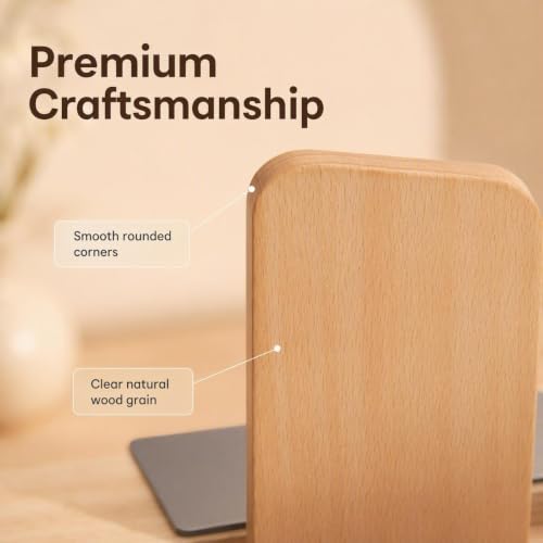 Pandapark Beech Wood Heavy Duty Bookends Non-Skid for Shelves - 1 Pair