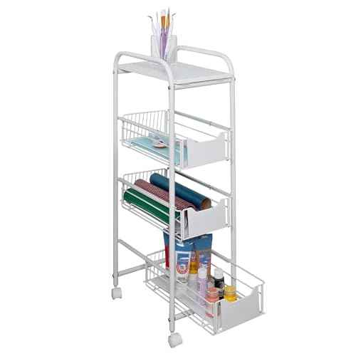 4-Tier Slim Rolling Metal Utility Cart with Drawers, White