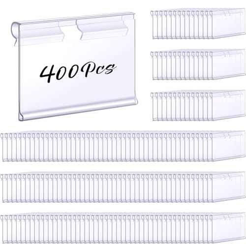 Tatuo 400 Pcs Reusable Plastic Wire Shelf Label Holders, Clear Price Card Sign for Pantry Retail Supermarket Merchandise Shopping Mall Shop Ticket Display Holder Clip on Design, 2.36" L x 1.65" H