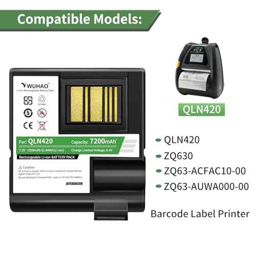 WUHAO QLN420 ZQ630 Battery Upgraded 7200mAh for Zebra QLN420 ZQ630 ZQ63-AUWA000-00 ZQ63-ACFAC10-00 Barcode Label Printer Replacement Battery P1050667-016 BTRY-MPP-68MA1-01