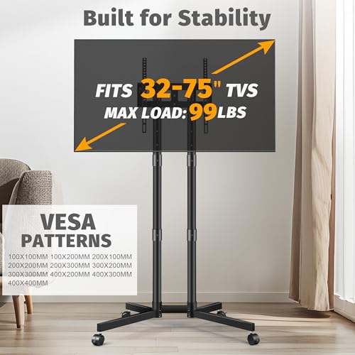 Rolling TV Stand for 32-75 Inch LCD LED 4K TVs Holds up to 99 lbs, Outdoor TV Stand, Mobile TV Stand with Wheels, Height Adjustable, ¡¾10¡Æ Tilt TV Cart, Max VESA 400x400mm, Black