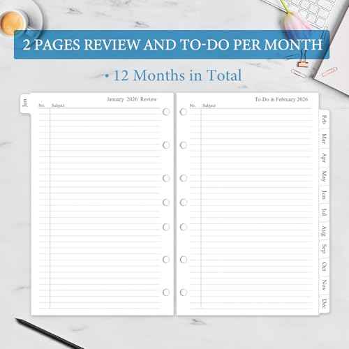 2026 Monthly Planner Refill, A5 Medium Size Planner Inserts for 7 Ring, 5.5" x 8.5", Jan. 2026 - Dec. 2026, 12 Monthly Calendars with Laminated Tabs, 7-Hole Punched