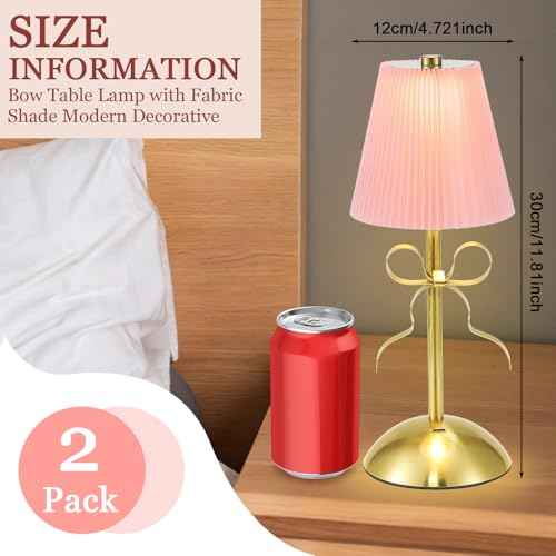 2 Pack Small Gold Bow Table Lamp 12 Inch for Girl's Bedroom Cute Coquette Bow Table Lamp with Fabric Shade Modern Decorative Bedside Light Small Princess Desk Lighting Boho Living Room (Pink)