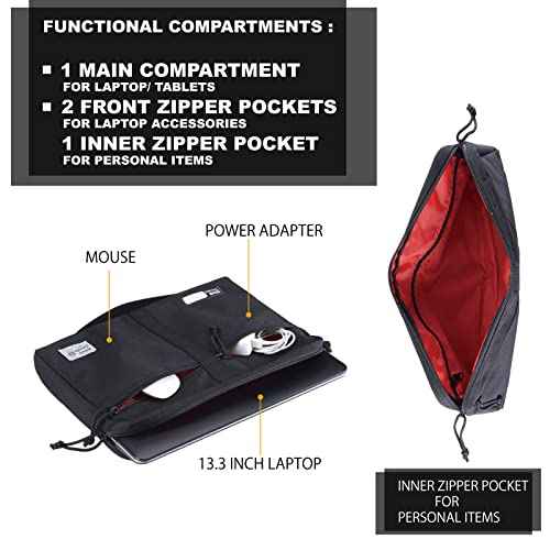 Rough Enough 13 14 Inch Laptop Sleeve Bag Tablet Carrying Case Briefcase for Travel Business with Zipper Pockets Heavy Duty Fabric Cordura Black