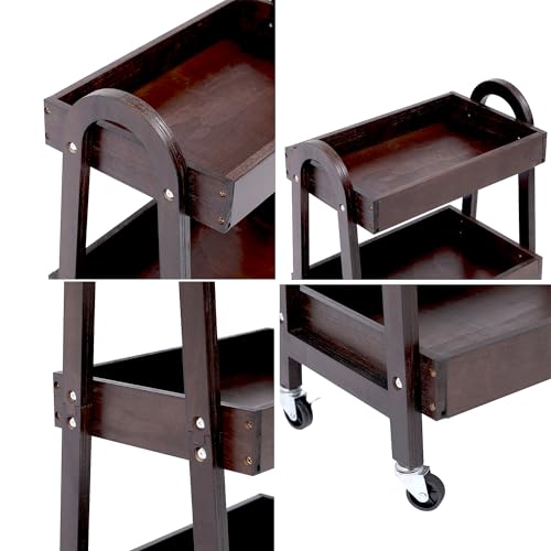 3-Tier Wooden Rolling Cart- Wooden Utility Cart wit Wheels- Utility Rolling Cart-Storage Trolley Organizer- Rolling Kitchen Cart Serving Cart for Office,Kitchen, Kids' Room (Walnut Color)
