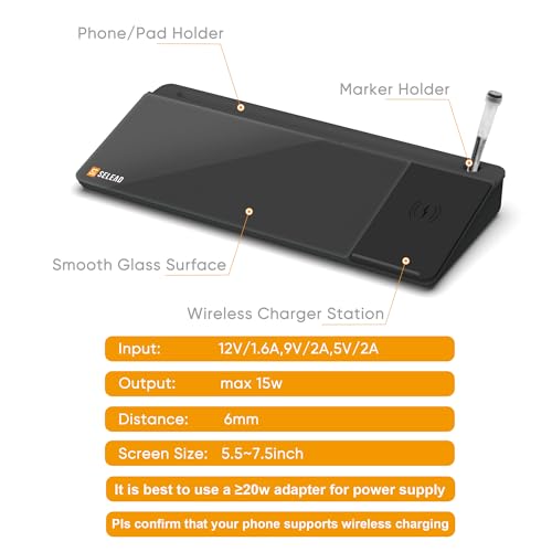 SELEAD Desktop Glass Whiteboard with Wireless Charger Station, Dry Erase Board Computer Pad Keyboard Stand with Organizer for Home, School, Office Desk Accessories, Black