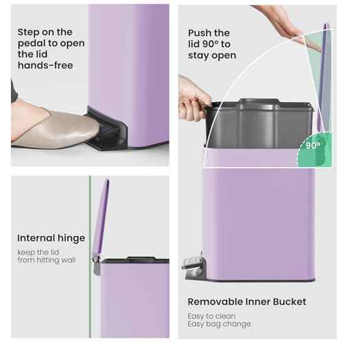 Cesun Small Bathroom Trash Can with Lid Soft Close, Step Pedal, 6 Liter / 1.6 Gallon Stainless Steel Garbage Can with Removable Inner Bucket, Anti-Fingerprint Finish (Purple)