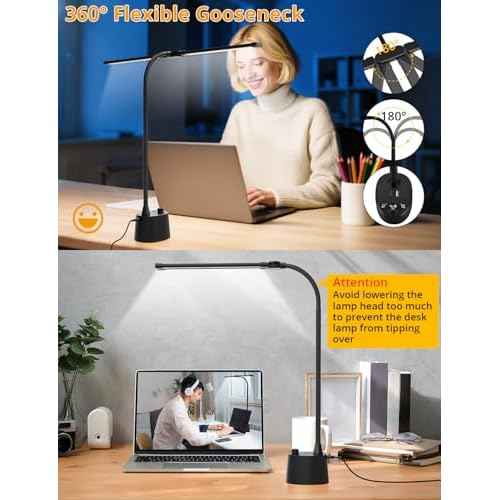 Desk Lamp with Dual Head & 10W Smart Dual USB Charging Port 5 Color Modes Dimmable Reading Light 2600 Lumens 12W Table Lamp for Bedside Office, Adapter Include