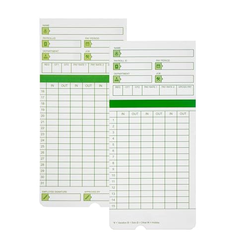 Tlpmsk 300 Count Employee Time Cards for Time Clocks, Monthly, 2-Sided, 3 3/8" x 7 3/8", Green Print, All Pay Periods
