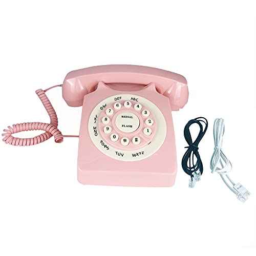 Pink Retro Landline Telephone Classic Rotary Design Old Fashioned Corded Desk Phone with Ringer for Home and Office, Basic 80s Phones for Senior People