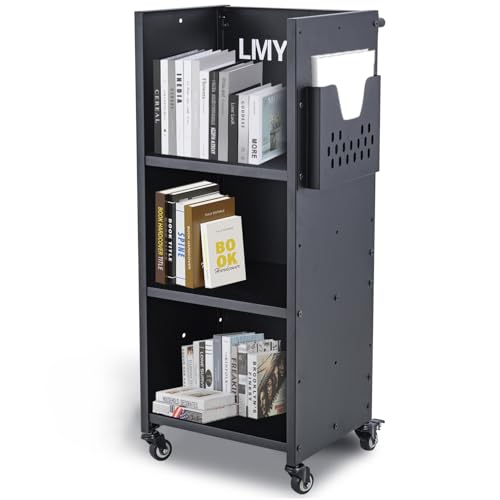 LMYYGOO Library Cart with Wheels - Height Adjustable, 200 lbs Capacity, Black L-Shaped Mobile Book Cart with Lockable Casters