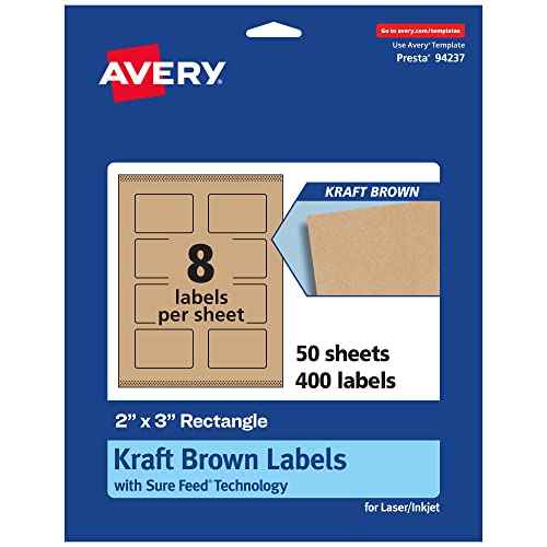 Avery Kraft Brown Rectangle Labels, Sure Feed Technology, 2" x 3", 400 Kraft Brown Labels, Print-to-The-Edge, Laser/Inkjet Printable