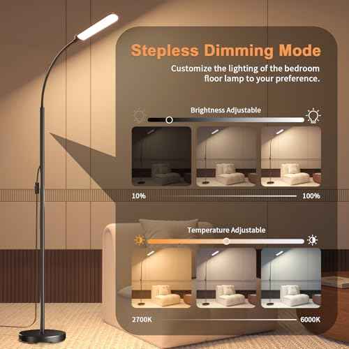 Floor Lamp, Bright 18W LED Standing Lamps for Living Room, Remote Stepless Adjustable Color and Brightness Dimmable with ON/Off Switch, Gooseneck Reading Lights for Bedroom Office, 1300LM Black