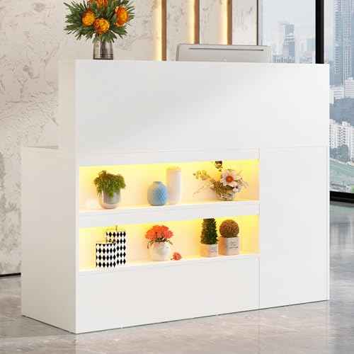 55" Reception Desk with LED Lights Power Outlets,L-Shaped Modern Front Desk Reception Room Table with Cable Grommet,Lockable Drawers,Retail Checkout Counter for Lobby,Salon,Home Office Desk,White
