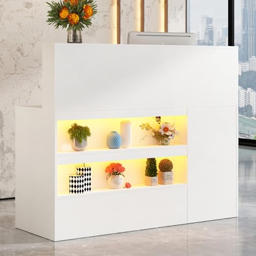 Hlivelood White 55-Inch Reception Desk with LED Lights, Lockable Drawers & Power Outlets