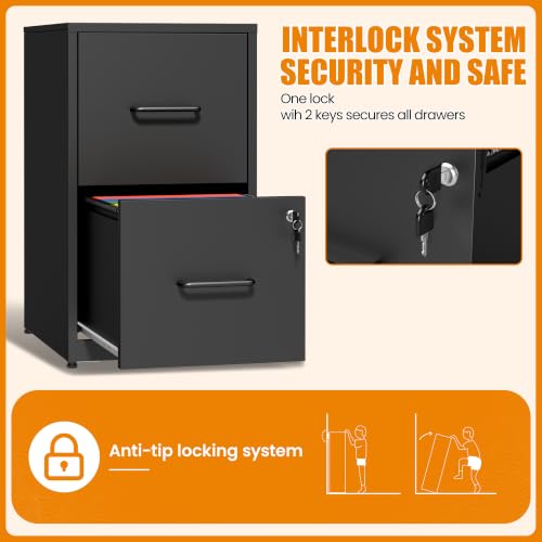 Yukimo 2-Drawer File Cabinet with Lock — Metal Vertical Filing Cabinet for Home Office, Hanging Legal/Letter/A4, Assembly Black