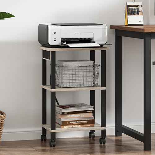 TUTOTAK 3 Tier Printer Stand, Rolling Printer Cart with Power Outlets and USB Ports, Mobile Printer Table with Wheels, for Under Desk, Office, Home, Black PS02BG001
