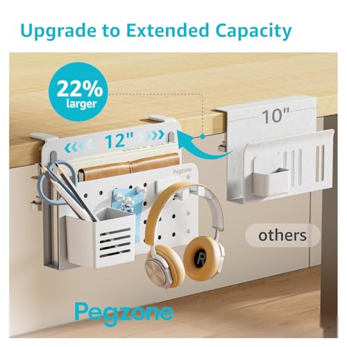 Desk Side Storage Organizer, No Drill Under Desk Laptop Holder, Clamp on Desks Shelf with Pegboard Accessories, Hanging Laptop Mount, Fits Flat Edge 0.4" to 2.2", White