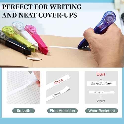 19.69ft Correction Tape Pen, 5-Count Pack, Dry Instantly, Stretch Resistant, not Easy to Break, as Smooth as Writing, Perfect for School, Office Supplies, Black White Red Yellow Blue