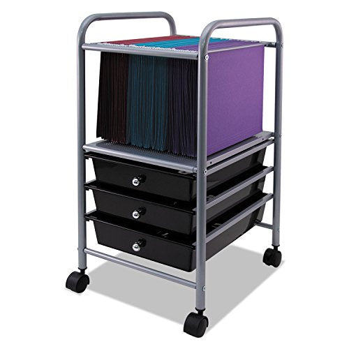 Rolling File Cabinet Cart Organizer With Three Drawers, Black and Silver