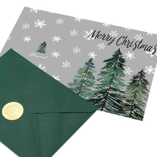 GEEORY Boxed Christmas Greeting Cards 5" x 7" Watercolor Xmas Tree & Snowflake (24 with Envelopes & Stickers) | Bulk Holiday Cards for Winter Gifting Green Grey GH003