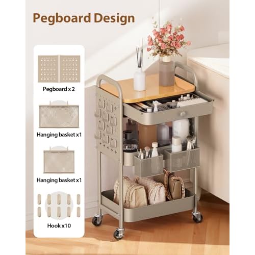 ALVOROG Rolling Cart with Drawer and Wood Table Top, 3 Tier Metal Rolling Utility Cart on Wheels with DIY Pegboards, Hanging Baskets, Hooks for Kitchen, Bedroom, Office, Craft Supplies