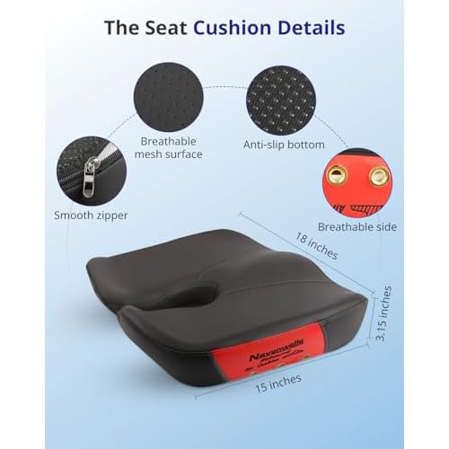 Seat Cushion, Extra Large Memory Foam Office Chair Cushion, Ergonomic Pressure Relief Car Seat Cushion, Sciatica Pain Relief Pillow with Anti- Slip Rubber Dots, Breathable Gaming Chair Pad (Black)