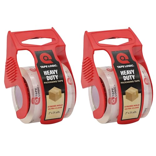 Tape Logic Heavy Duty Packing Tape with Dispenser - 2 Rolls, 2.6 Mil Clear Shipping Tape, 2 in x 25 yd, Industrial Strength