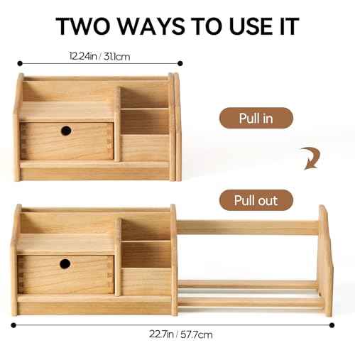 KIRIGEN Desktop Adjustable Organizer Storage Book Shelf with Drawer Wooden Desk Bookcase Workplace Storage Station Expandable Book Rack Fully Assembled SSSJ-S-NA