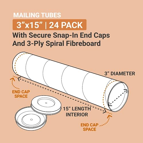 White Cardboard Mailing Tubes with Caps - 15 Inch, Pack of 24