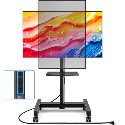 Rfiver Rolling TV Stand with Power Outlet for 13-50 Inch TVs, Tilting and Rotating Mobile TV Cart up to 55 lbs, Portrait to Landscap, Height Adjustable TV Floor Stand with Shelf, Max VESA 200x200mm