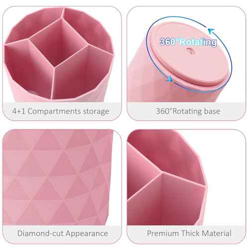 Desk Organizer, 360-Degree Rotating Pencil Pen Holders For Desk, Diamond Pattern Pen Organizer With 5 Compartments, Cute Desk Accessories Decor For Office, School,Home,Art Supply (Pink)