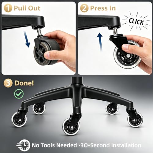 LSWhee 3-Inch Office Chair Wheels, 880lbs Silent Castors, Transparent Black (5-pack) – Universal 7/16" Fit
