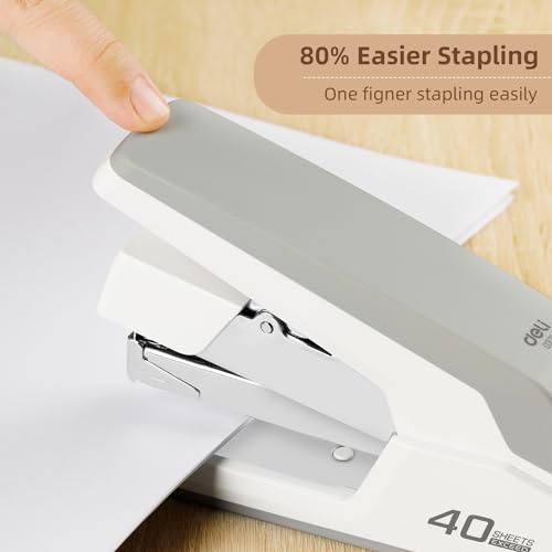Deli White Heavy Duty Desktop Stapler - 40-50 Sheet Capacity, Jam-Free, Effortless One-Finger Stapling