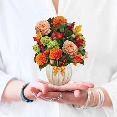 Freshcut Paper Pop Up Cards, Mini Pumpkin Spice, 6 Inch Mini Sized Forever Flower Bouquet 3D Popup Greeting Cards, Autumn Card, Birthday Card, Blank Notecard & Envelope