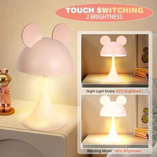 Rechargeable Mouse Shape LED Dimmable Touch Desk Lamp Reading Night Light Cute Bedside Lamp (Pink)