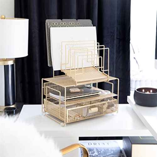 BLU MONACO Gold Workspace Desk Organizer - Desktop Rack with File Sorters and Drawer for Office Supplies, Paper, Devices, and Folders